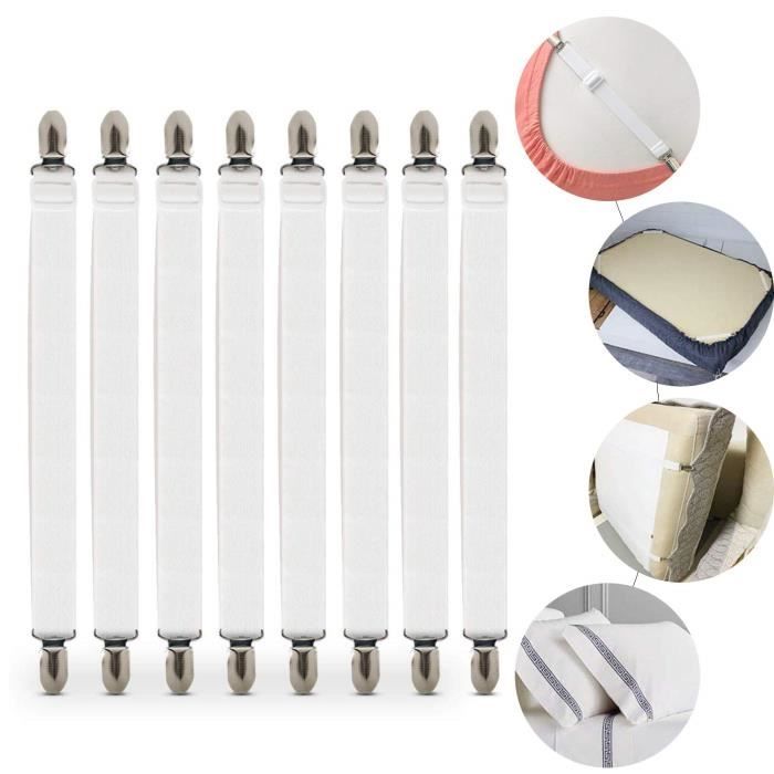 Attache Draps de Lit 8pcs Tendeur Drap Sangles de Maintien de Drap Réglable Fixateur de Drap pour Lit ou Canapé dangle Sangles E