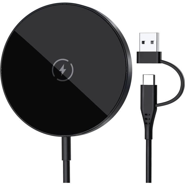 Chargeur Magnétique à Induction 15W - Double Entrée PD/USB-A, Câble Intégré 1.5m - Compatible Smartphones Et écouteurs