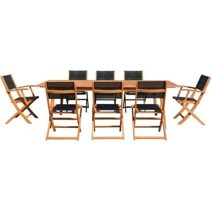 Table de jardin en bois extensible 2 fauteuils et 6 chaises 200-250cm