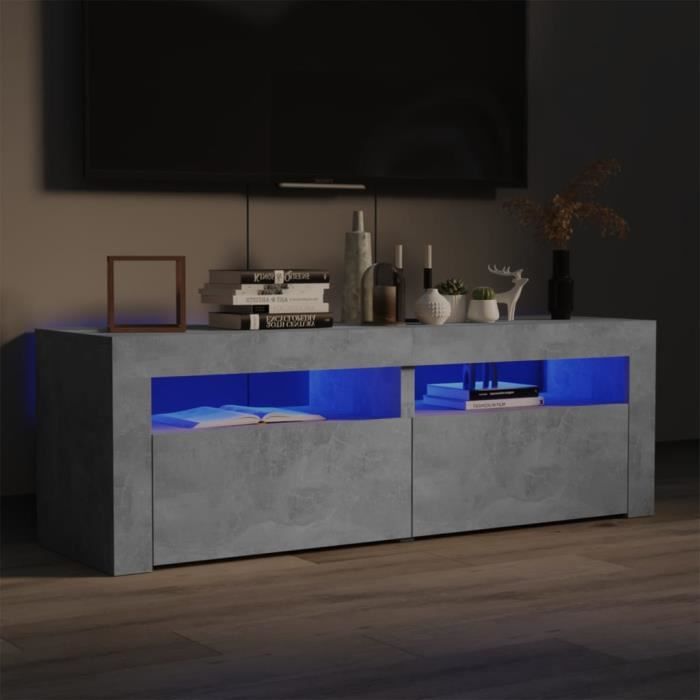 meuble tv bas sur pieds scandinave - table basse multifonction - avec lumières led gris béton 120x35x40 cm961