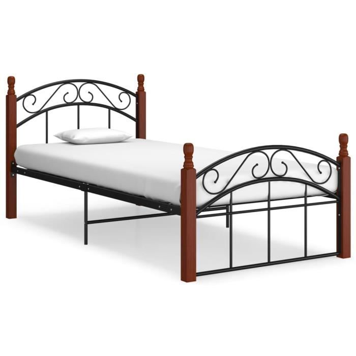 pop - market cadre de lit noir métal et bois de chêne massif 90x200 cm,haut de gamme ®lflkcz®