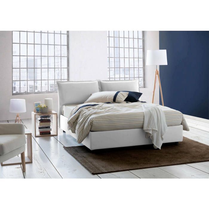 Dmora - Lit double Denise 205x175h95 cm Blanc Panneau effet bois et Polyester Dmora - Lit double Denise 205x175h95 cm Blanc Panneau effet bois et Polyester