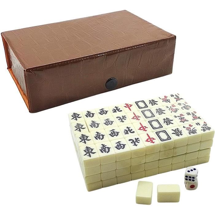 Jeu de mahjong chinois traditionnel avec 144 carreaux en mélamine, 2 carreaux de rechange, 3 dés, tapis, 1 girouette, puces pour jeu de style chinois
