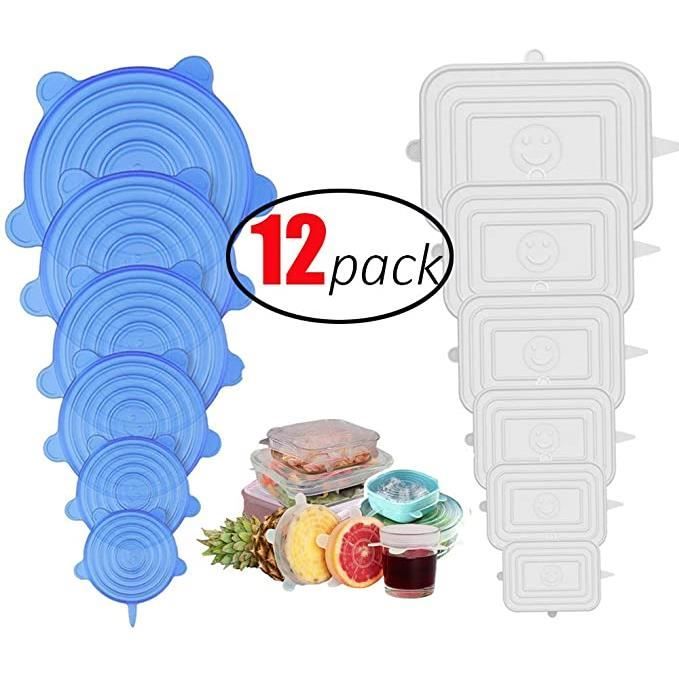12 carr/és et rondes sans BPA diff/érentes tailles de couvercles de bol r/éutilisables pour garder les aliments frais Lot de 12 couvercles ronds et carr/és en silicone extensibles