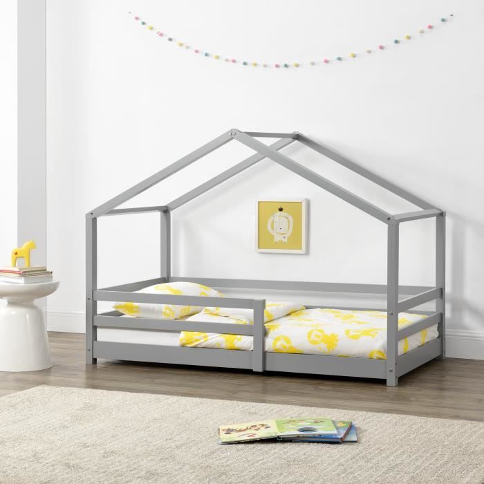 Lit d'Enfant Maison avec Barreaux de Sécurité Knätten Pin 70 x 140 cm Gris Clair Mat Laqué