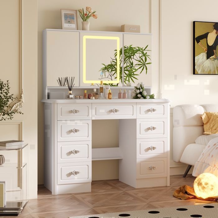 Grande coiffeuse avec Miroir Pliable et Éclairage LED Table de Maquillage avec 9 Tiroirs et Compartiments 110 x 50 x 137 Blanc