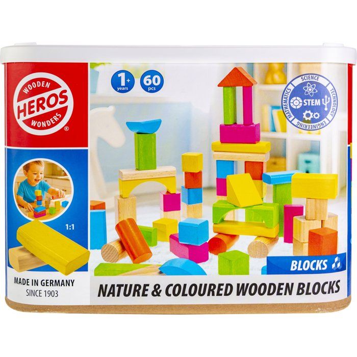 HEROS Blocs de construction en bois colorés 100 % certifié FSC® 60 pièces Dès