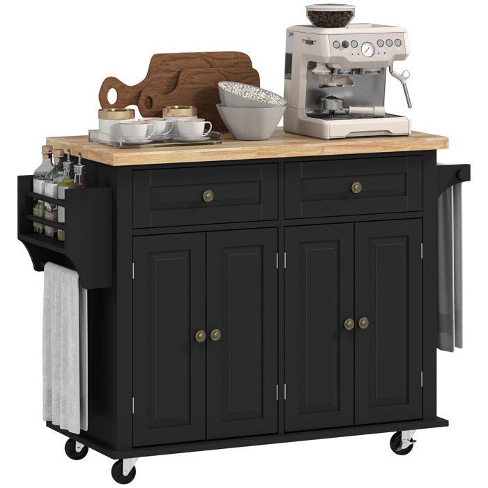 Desserte îlot de cuisine - HOMCOM - 2 tiroirs 2 placards 2 portes range-bouteille réglable - MDF hévéa - noir