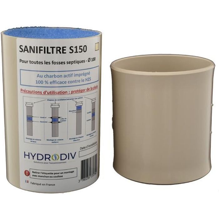 Filtre anti-odeurs fosse septique SANIFILTRE S150 avec manchon pour montage en chapeau, diamètre 100, sable, HYDRODIV