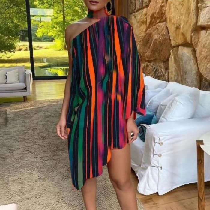 Robe femme ?� ?�paules d?�nud?�es Robe sexy Robe irr?�guli?�re Robe d'impression Multicolore 