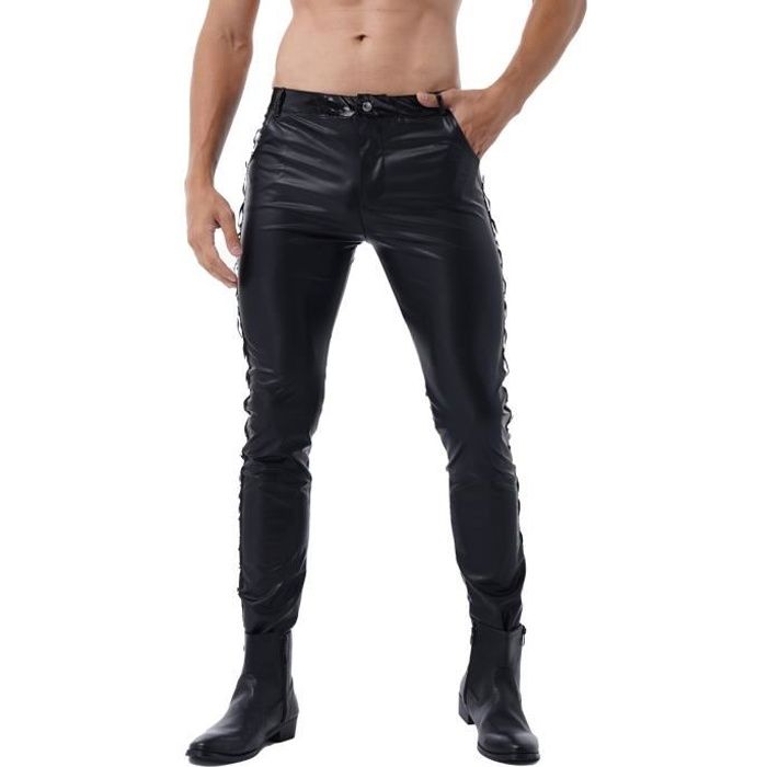 yonghs-fr pantalon simili cuir homme jeans skinny pants legging slim fit s-xxl noir