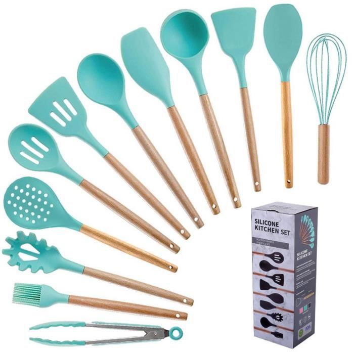 Ensemble Ustensiles Cuisine 12 Pièces - Manche Silicone Et Bois - Antiadhésif, Lave-vaisselle