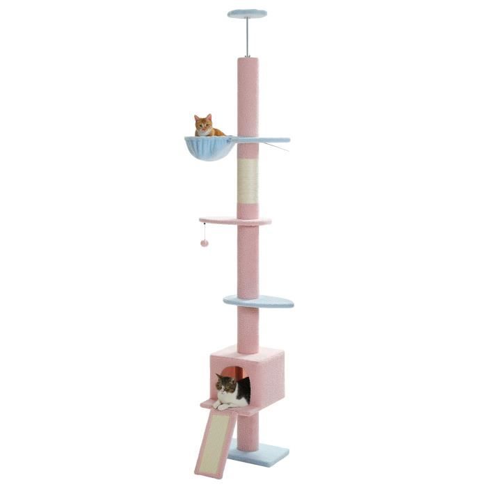 Meilleurs prix pour PAWZ Road Arbre a Chat au Plafond Ajustable 216-273 cm, Arbre à Chat avec Hamac & Condo & Ceinture Anti-Chute, Bleu et rose.