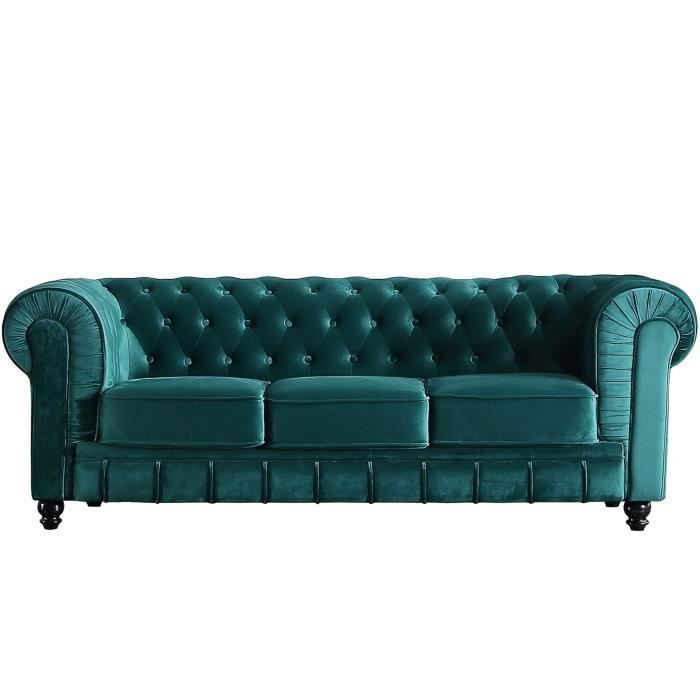 Canapé 3 places en velours coloris vert - Longueur 211 x profondeur 84 x hauteur 75 cm Canapé 3 places en velours coloris vert - Longueur 211 x profondeur 84 x hauteur 75 cm