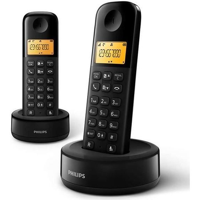 DECT Noir Philips D16 Téléphone sans Fil dintérieur Double avec répondeur 