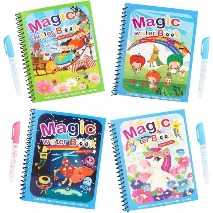 Livre De Dessin Magique à L’Eau – 4 Carnets Réutilisables Avec Stylos – Animaux, Dinosaures, Cheval & Univers – Cadeau Enfant