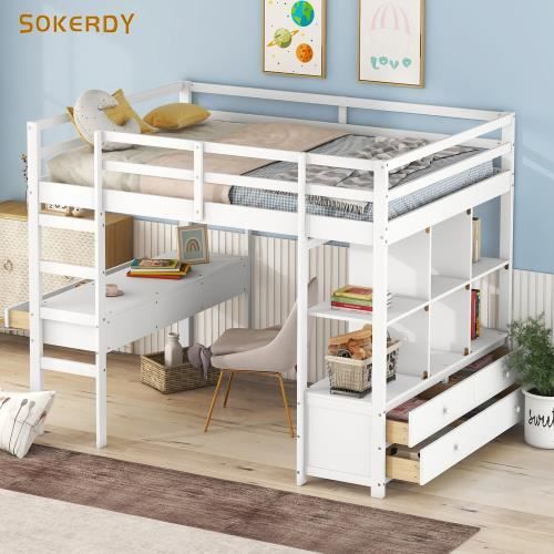 Lit Superposé, Lit Enfant Avec Barrière De Sécurité, Avec Table, Meuble à Chaussures, Grand Espace De Rangement, 90x200cm | Leroy Merlin