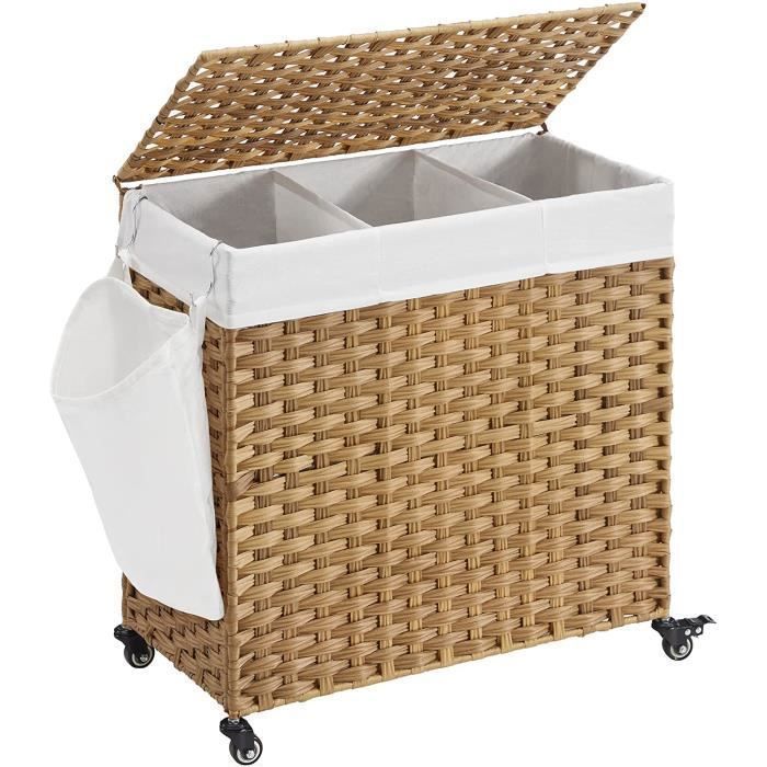 SONGMICS Panier à Linge 140L Imitation Rotin 3 Parties Sac Amovible 66 x 33 x 60 cm Couleur Boisée LCB363N01