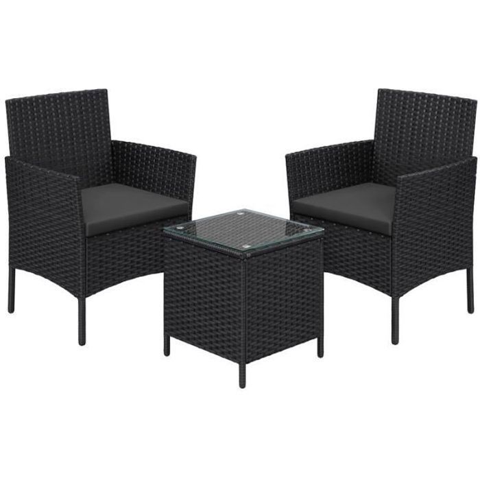 Ensemble Table Chaise de Jardin - SONGMICS - Noir et Gris - Surface Tressée en PE