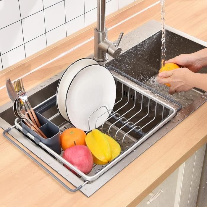 Égouttoir à Vaisselle Extensible Et Réglable YunNasi - Pour évier De Cuisine, Avec Porte-couverts, Blanc
