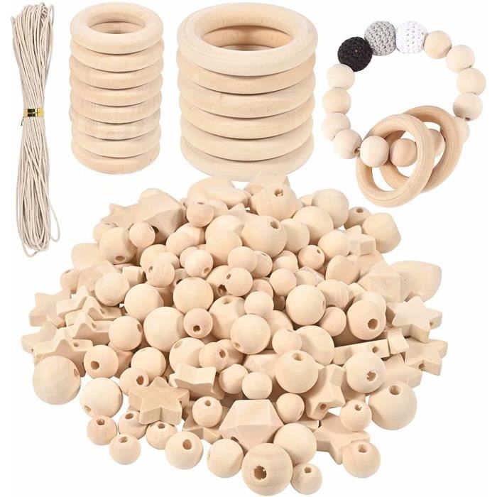 140 Pièces Perle En Bois Anneau Bois Kit,125 Pièces Perles Bois Acraé
