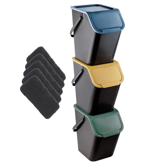 Set De 3 Poubelles De Tri Go Practic 25L - Avec Filtres à Charbon - Empilables - Couvercle à Clic - Blanc