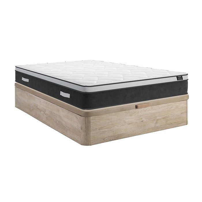 Ensemble 160 x 200 cm sommier coffre naturel clair + matelas hybride ressorts ensachés et mémoire de forme ép.25cm - ASTRIA Art