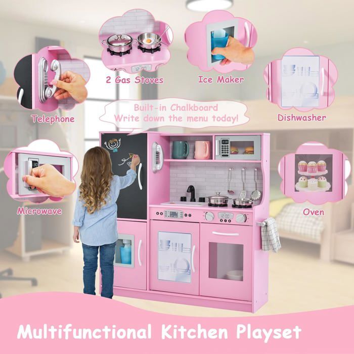 Cuisine En Bois Enfant Avec Effet Sonore, De Cuisine Enfantavec Tableau Noir Et 6 Compartiments De Rangement Telephone Creme 98925803