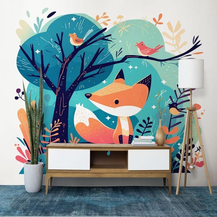 Papier Peint Panoramique Animaux De Dessin Anim Renard Oiseaux Affiche ...