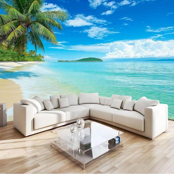 Papier Peint Murale 3D Paysage Tropical Avec Palmiers Et Plage ...