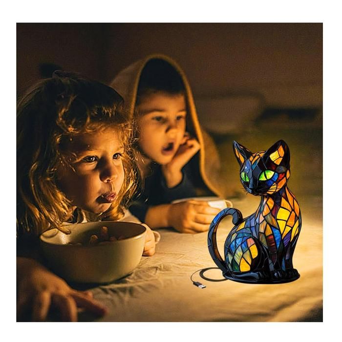 Veilleuse Rétro En Résine Teintée, Lampe Chat En Vitrail