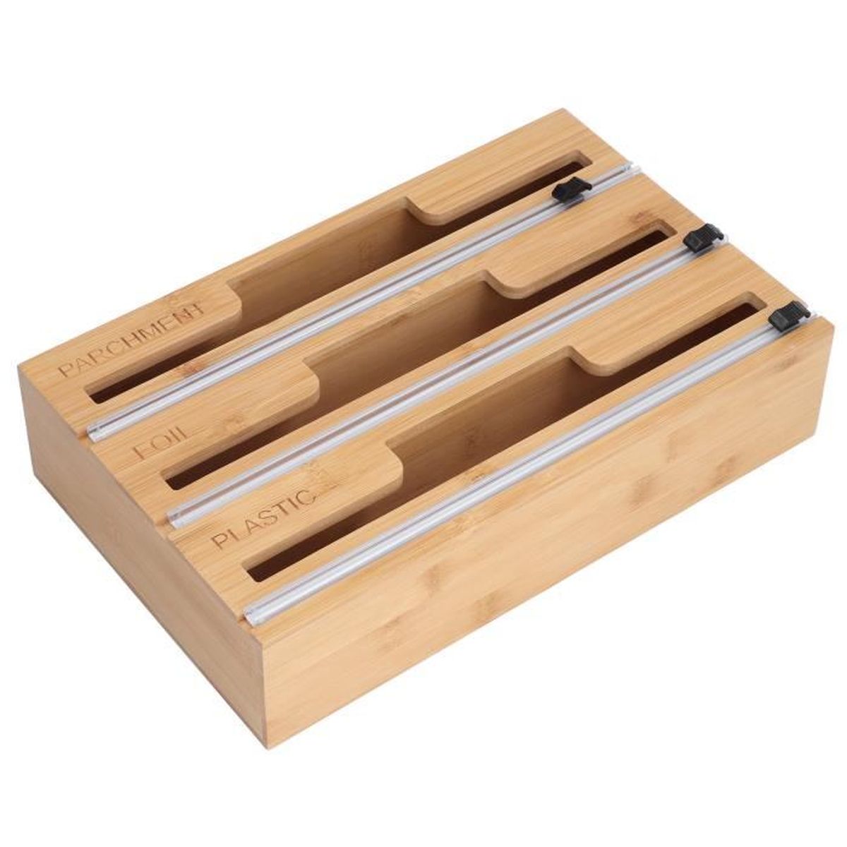Distributeur 3 En 1 Film Alimentaire Bambou - Coupe-Film Papier Alu & Sulfurisé - Organisateur Cuisine 34x23x7cm
