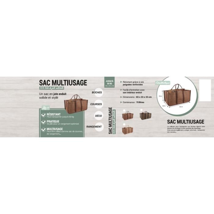 Sac à Bûches 30x60x40cm En Toile De Jute Plastifié - Capacité XXL - Transport Facile Bois Cheminée - Rangeable à Plat