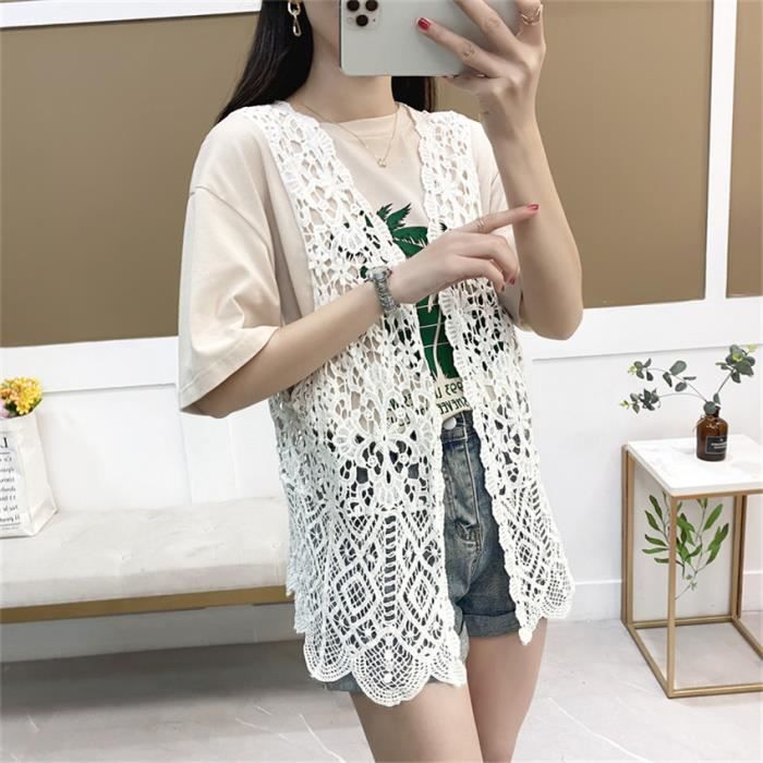 Gilet en dentelle pour femme cardigan evide point ouvert au crochet haut de plage boheme printemps et ete style 1 white Blanc Cdiscount Pret a Porter
