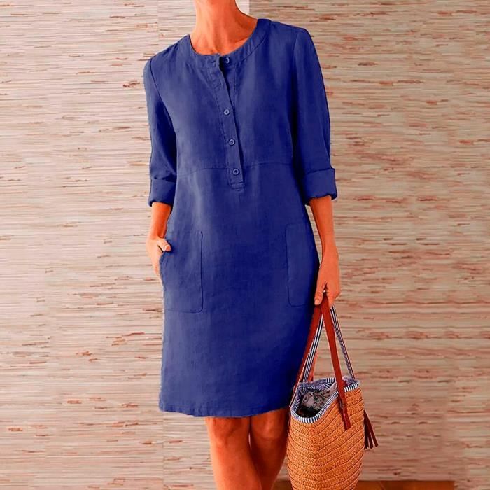 Robe en Coton et Lin Femme Chic Ete Robe de Plage Casual Grande Taille Robe Manches Courte Unie Midi Dress Violet Bleu Violet bleu Cdiscount Pret a Porter