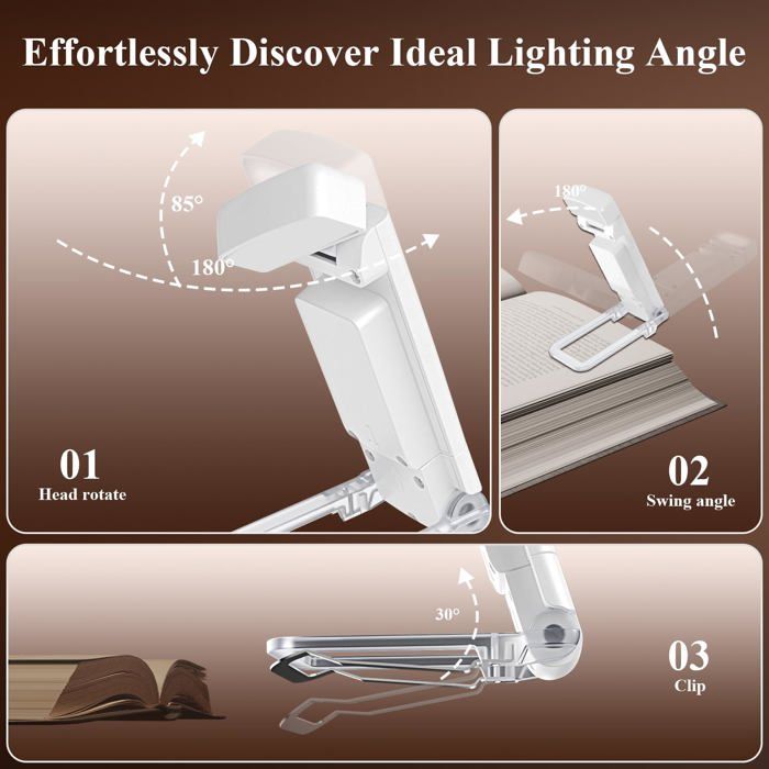 Lampe De Lecture LED Rechargeable Avec Pince - 3 Températures De Couleur, 5 Niveaux De Luminosité, Minuterie 30/60 Min - 11