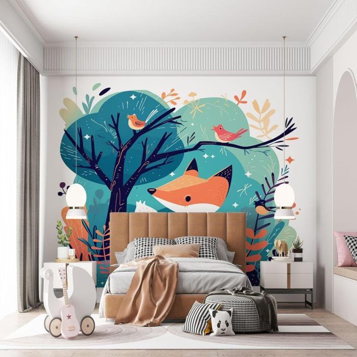 Papier Peint Panoramique Animaux De Dessin Anim Renard Oiseaux Affiche ...