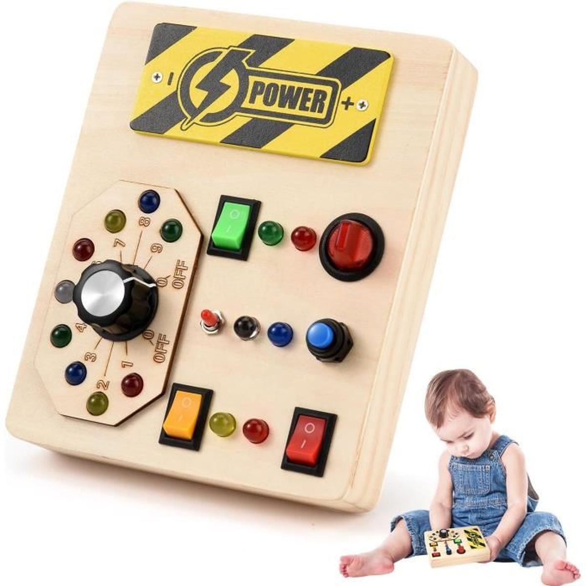Silvotek Busy Board Montessori Avec LED – 15 Lumières, 8 Interrupteurs – Contreplaqué Qualité Armoire – Portable 18,5 X 10 Cm – Dès 2 Ans