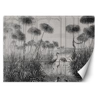 Papier Peint - Entoilage 130g/m2 - Motif  Oiseaux dans un étang - 368x254 cm - Noir et blanc - Décoration murale à coller - Feeby