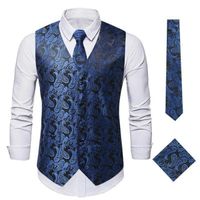 Dcvmvmn Ensemble Gilet Paisley Soie Homme - Cravate Hanky Boutons Manchette - Mariage Soirée