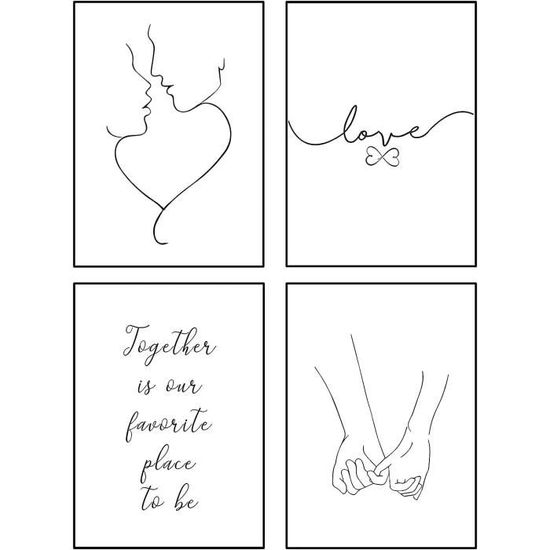 Affiche Noir Et Blanc Lot De 4 Tenant Par La Main Et Citation Amour