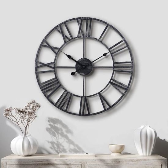 Horloge Murale Vintage 60cm Chiffres Romains - Mouvement Silencieux à Pile AA