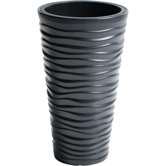 Pot De Fleurs Intérieur Design 30 Cm - Plastique Imitation Pierre, Avec Insert Amovible, Coloris Noir