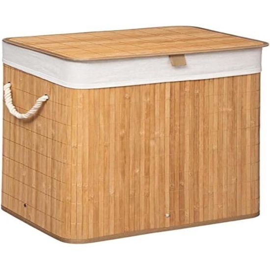 Panier à Linge En Bambou Et Tissu écru 50L - Déco Style Blackflora, Rangement Pratique Et Esthétique