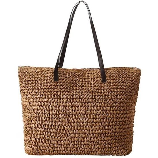Sac à Bandoulière En Paille Boho - Sac De Plage Tissé Main Pour Femme - Marron - Idéal Voyage, Date, Vacances