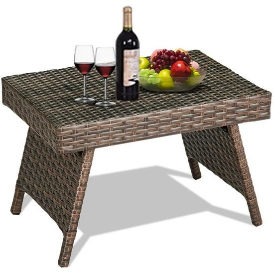 Table Basse Giantex En Rotin Pliante 60x40x40cm | Pour Jardin, Balcon, Terrasse | Charge 45kg, Patins Réglables