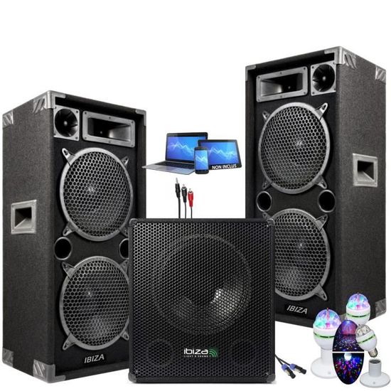 PACK SONO DJ 2000W CUBE 1512 avec CAISSON PIEDS Strobe ENCENTES CABLES 