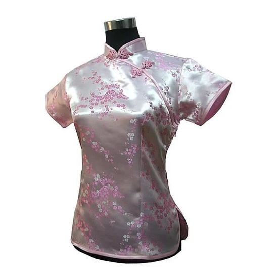 Chemisier Femme Style Chinois Vintage Ethnique - Manches 3/4, Motif Floral Rose - Taille Asiatique (attention !) - Neuf