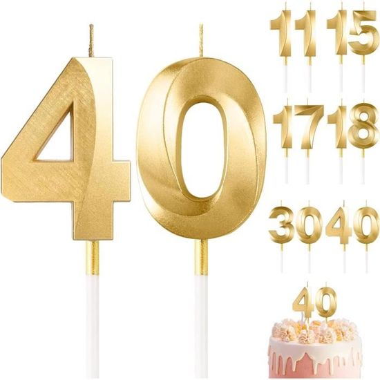 Bougies Chiffre 40 Ans Dorée - Décoration Gâteau Anniversaire Adulte - Lot De 2