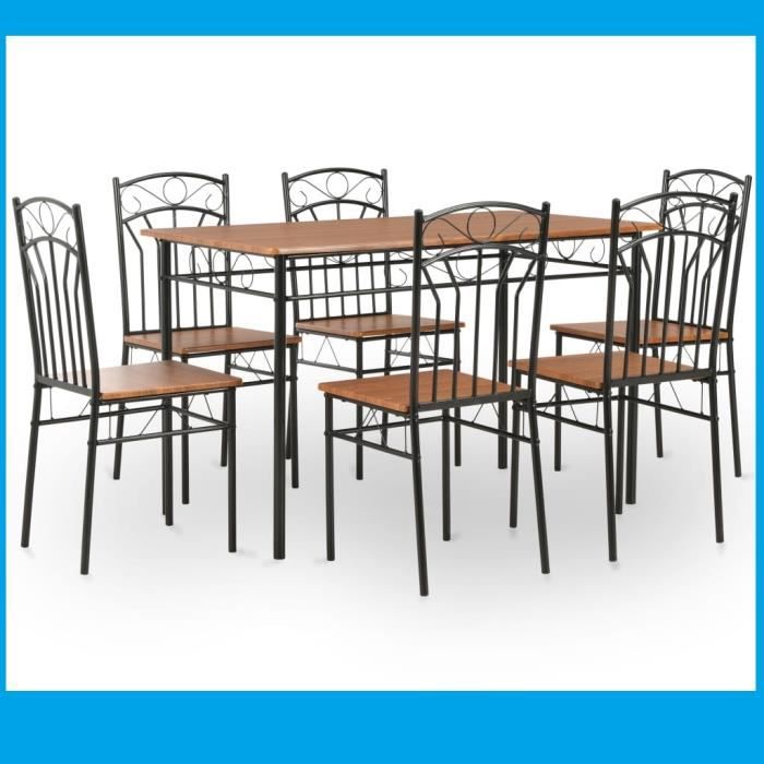 Ensemble table à manger avec 6 chaises séjour salon cuisine effet fer forgé table en bois MDF noir lot meuble